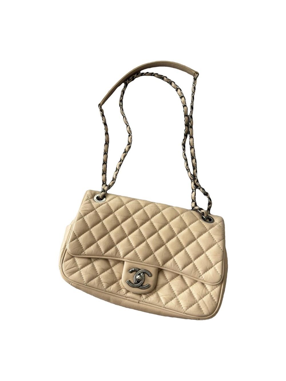 CHANEL Beige Quilted Flap Shoulder Bag with Chain Strap